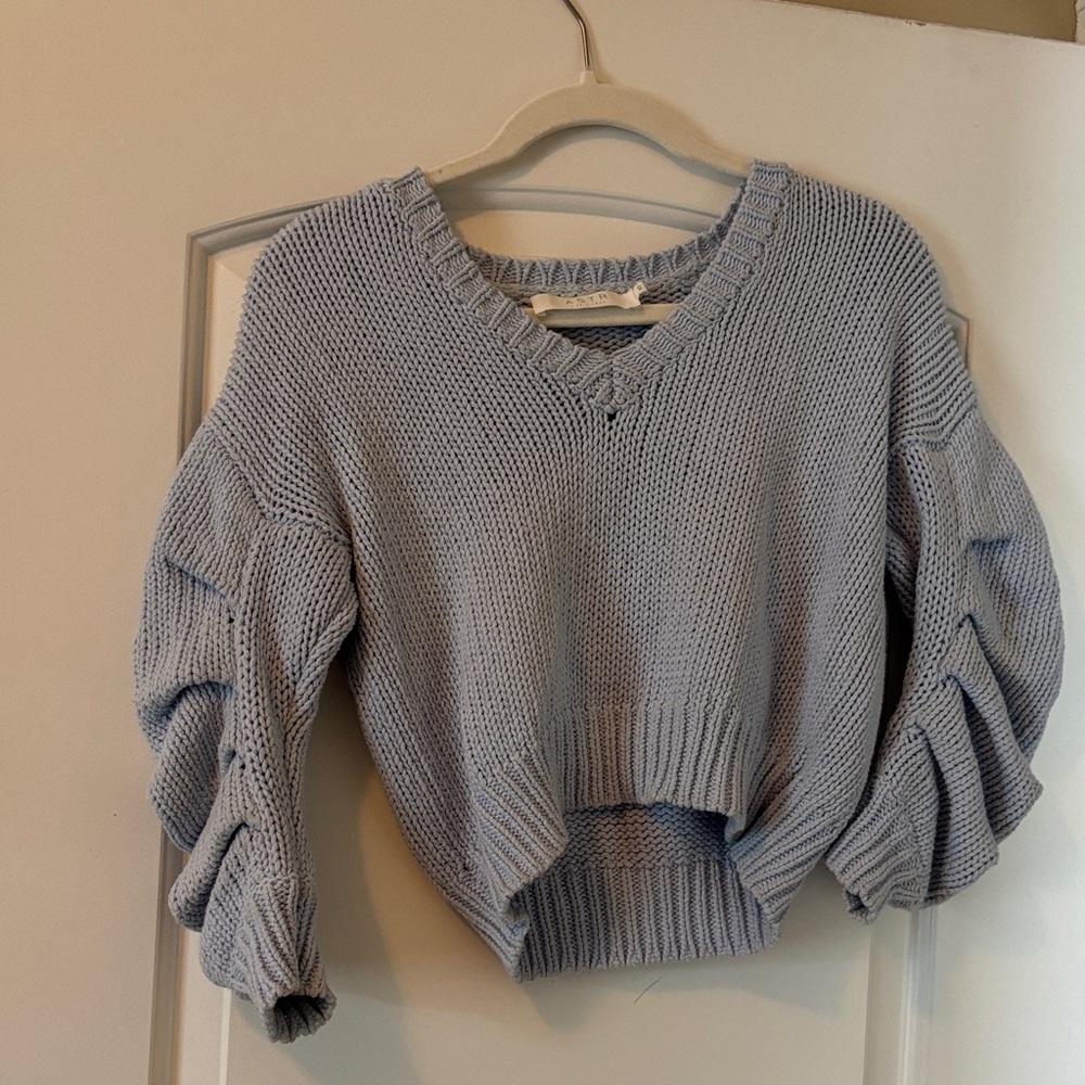 Astr Pale Blue V-Neck Sweater with Puff Balloon Sleeves